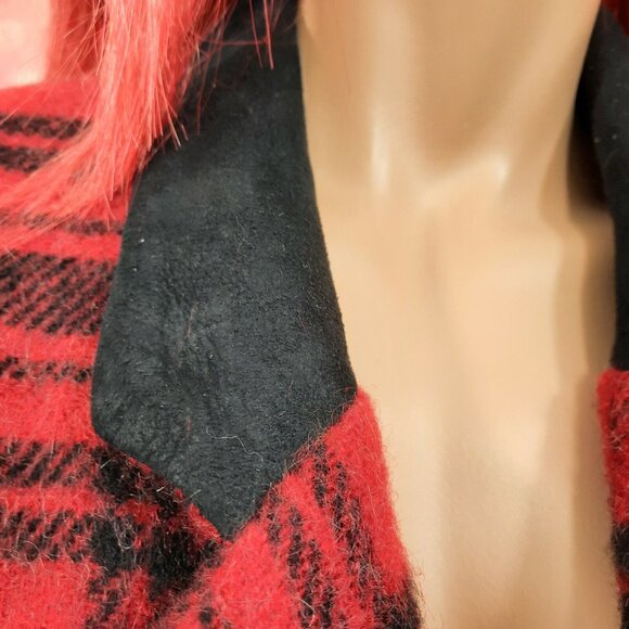 Vintage 80s Woolrich Red Plaid Jacket Wool Mohair Size M Black Suede Collar - Picture 3 of 11